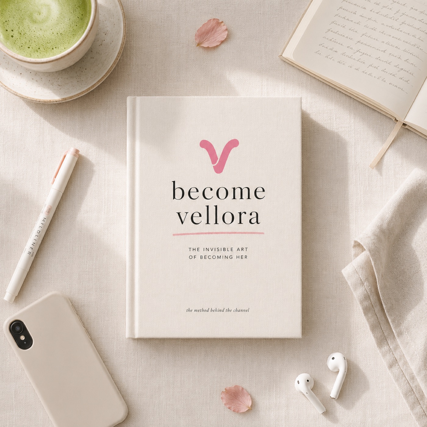 become vellora on a study desk with matcha and a mildliner