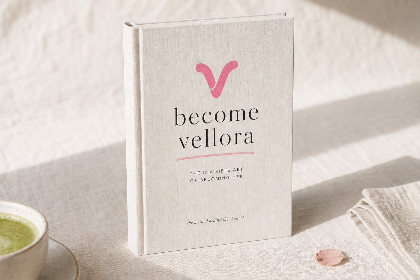 become vellora hardback book on a linen desk with matcha