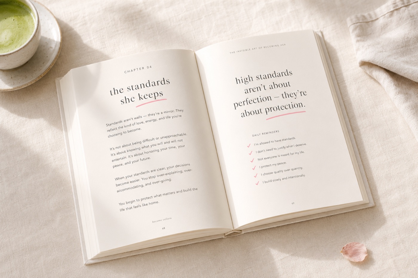 an open spread from become vellora showing a chapter and daily reminders