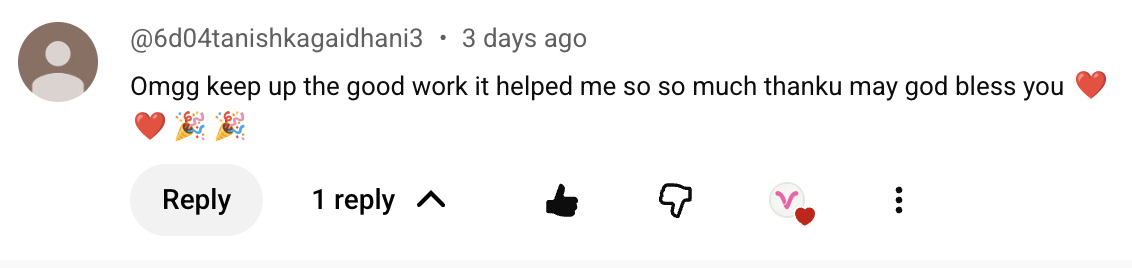 youtube comment from @6d04tanishkagaidhani3